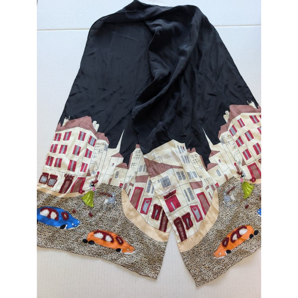 Symphony Designs Silk Paris Street Scene Scarf with Poodle Hand Beaded Details